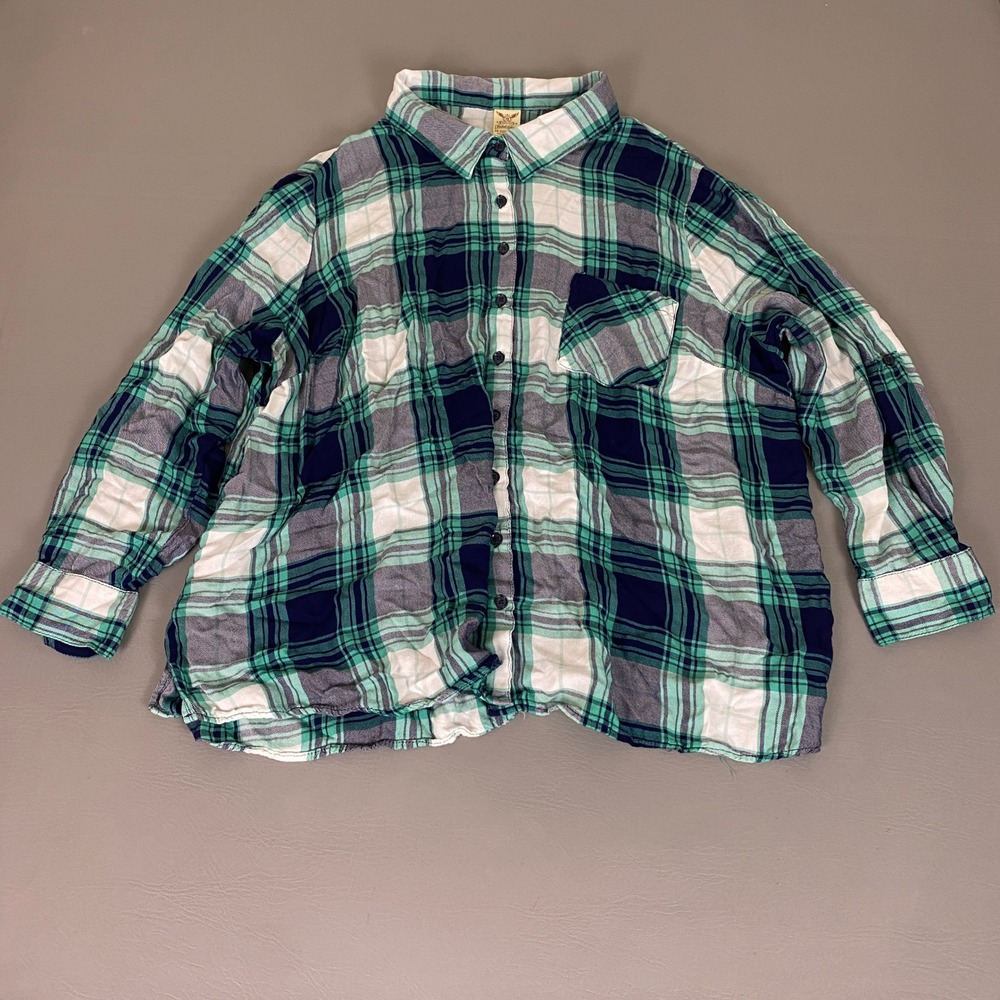 Faded Glory Flannel Shirt Women's Plus Size 3X Blue Green Plaid Button Up Rayon*